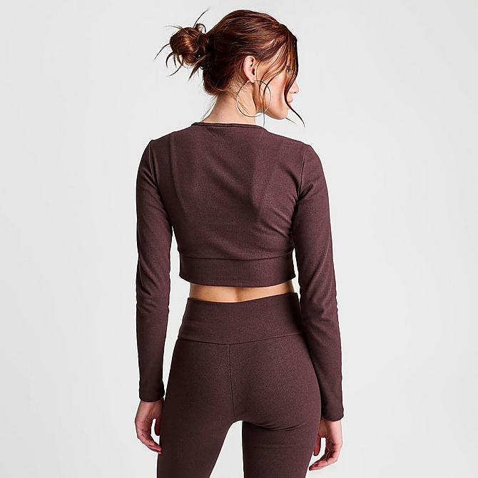 Back Right view of Women's adidas Originals Ribbed Cropped Long-Sleeve Top in Shadow Brown Click to zoom