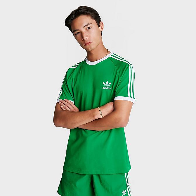 Front view of Men's adidas Originals 3-Stripes California T-Shirt in Green Click to zoom