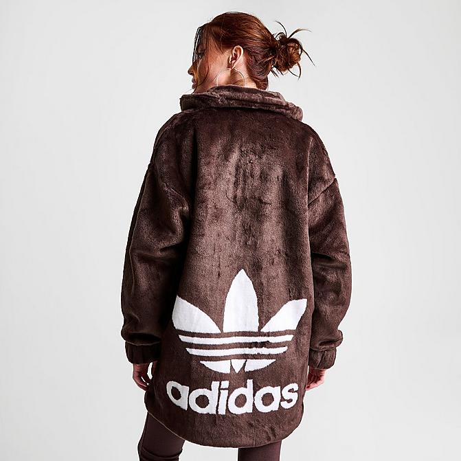 Front view of Women's adidas Originals Faux Fur Jacket in Shadow Brown Click to zoom