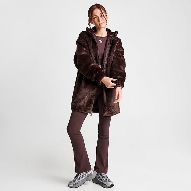 Front Three Quarter view of Women's adidas Originals Faux Fur Jacket in Shadow Brown Click to zoom