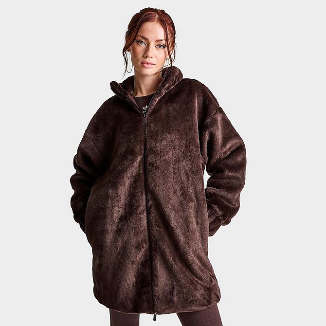 Back Left view of Women's adidas Originals Faux Fur Jacket in Shadow Brown Click to zoom