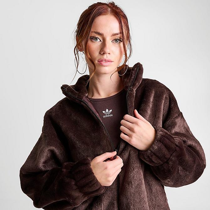 Back Right view of Women's adidas Originals Faux Fur Jacket in Shadow Brown Click to zoom