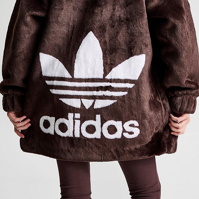 On Model 5 view of Women's adidas Originals Faux Fur Jacket in Shadow Brown Click to zoom