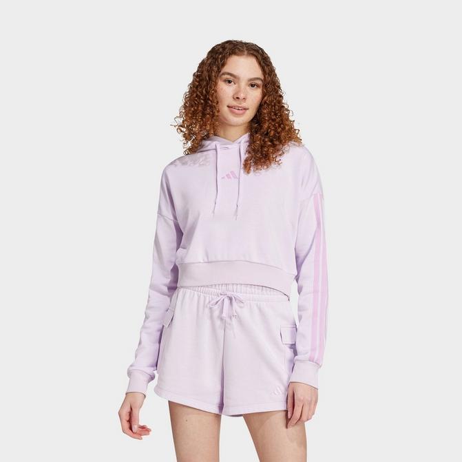 [angle] view of Women's adidas Essentials 3-Stripes French Terry Cropped Hoodie in Ice Lavender/Bliss Lilac Click to zoom