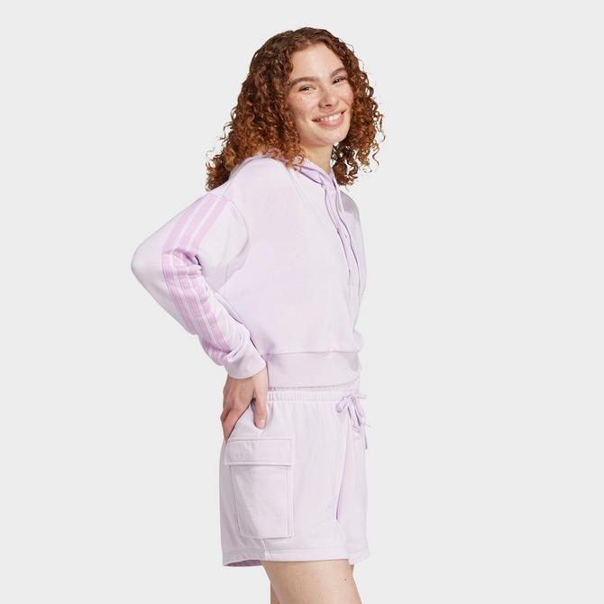 [angle] view of Women's adidas Essentials 3-Stripes French Terry Cropped Hoodie in Ice Lavender/Bliss Lilac Click to zoom