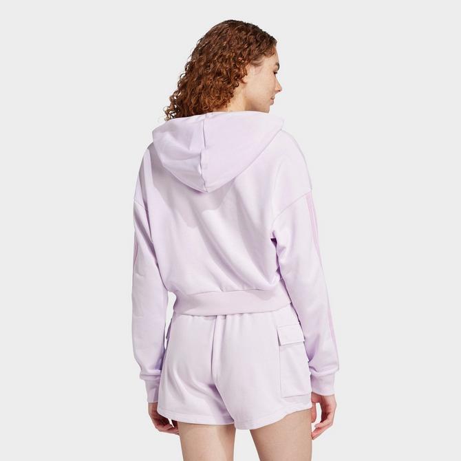 [angle] view of Women's adidas Essentials 3-Stripes French Terry Cropped Hoodie in Ice Lavender/Bliss Lilac Click to zoom