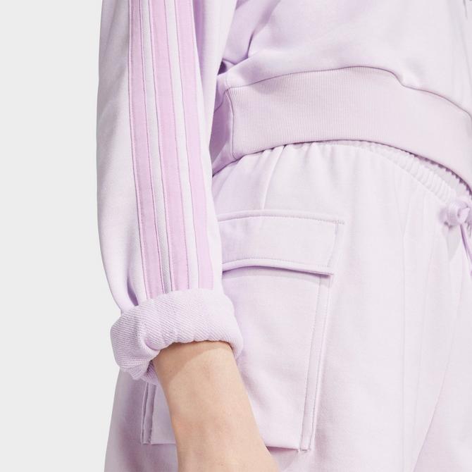 [angle] view of Women's adidas Essentials 3-Stripes French Terry Cropped Hoodie in Ice Lavender/Bliss Lilac Click to zoom