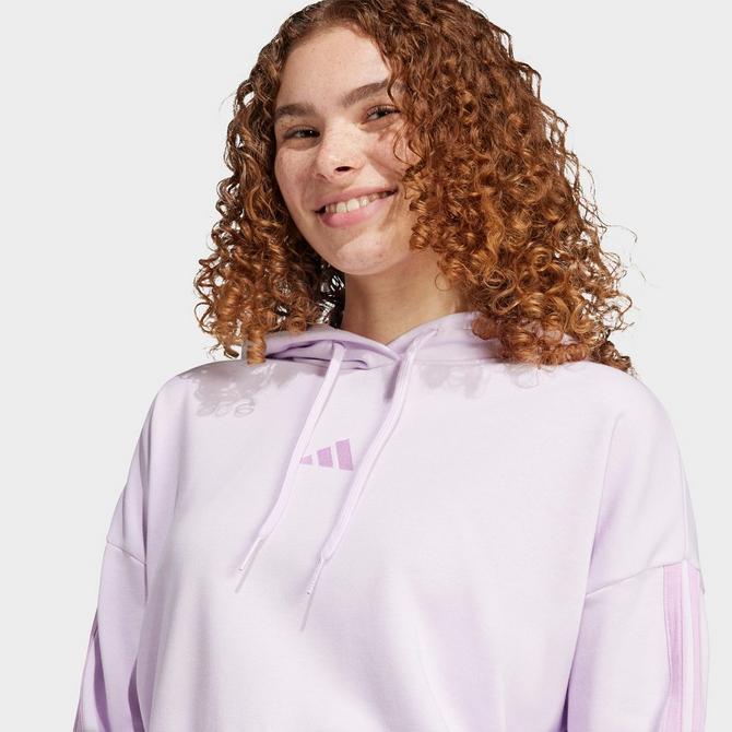 [angle] view of Women's adidas Essentials 3-Stripes French Terry Cropped Hoodie in Ice Lavender/Bliss Lilac Click to zoom