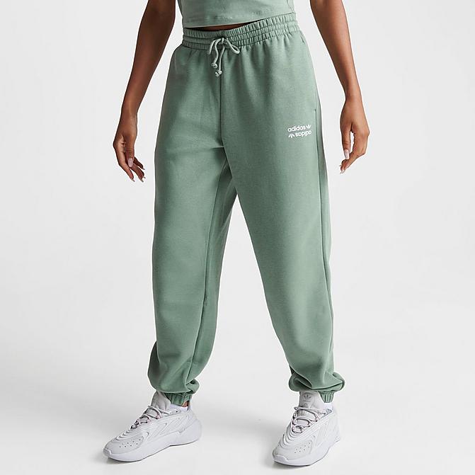 Front view of Women's adidas Originals Linear Jogger Pants in Silver Green Click to zoom