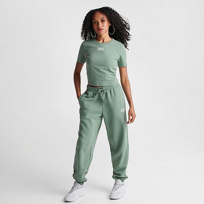 Front Three Quarter view of Women's adidas Originals Linear Jogger Pants in Silver Green Click to zoom