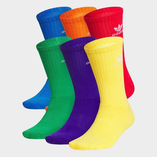 Front view of Women's adidas Originals Trefoil Cushion Crew Socks (6-Pack) in Bluebird/Better Scarlet/Green Click to zoom