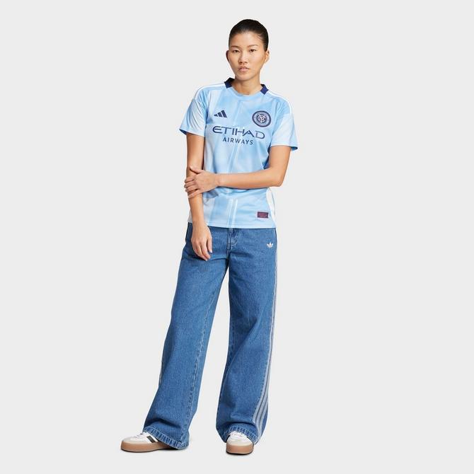 Front Three Quarter view of Women's adidas New York City FC 25/26 Home Jersey in Bahia Light Blue Click to zoom