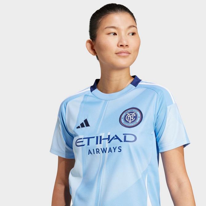 On Model 5 view of Women's adidas New York City FC 25/26 Home Jersey in Bahia Light Blue Click to zoom