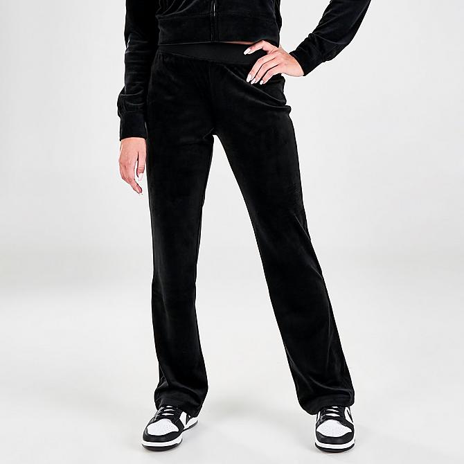 Front Three Quarter view of Women's Juicy Couture Velour Bling Track Pants in Black Liquorice Click to zoom