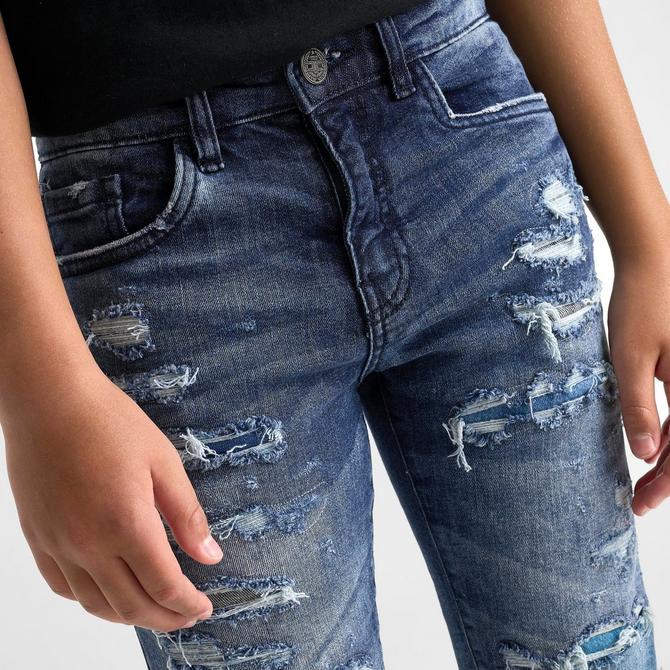 [angle] view of Kids' Jordan Craig Ripped Denim Shorts in Deep Blue Click to zoom