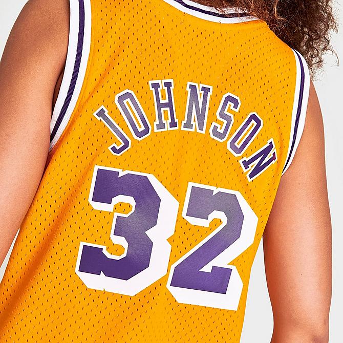 Back Right view of Women's Mitchell & Ness Los Angeles Lakers NBA Magic Johnson Hardwood Classics 1984-85 Swingman Jersey in Gold Click to zoom