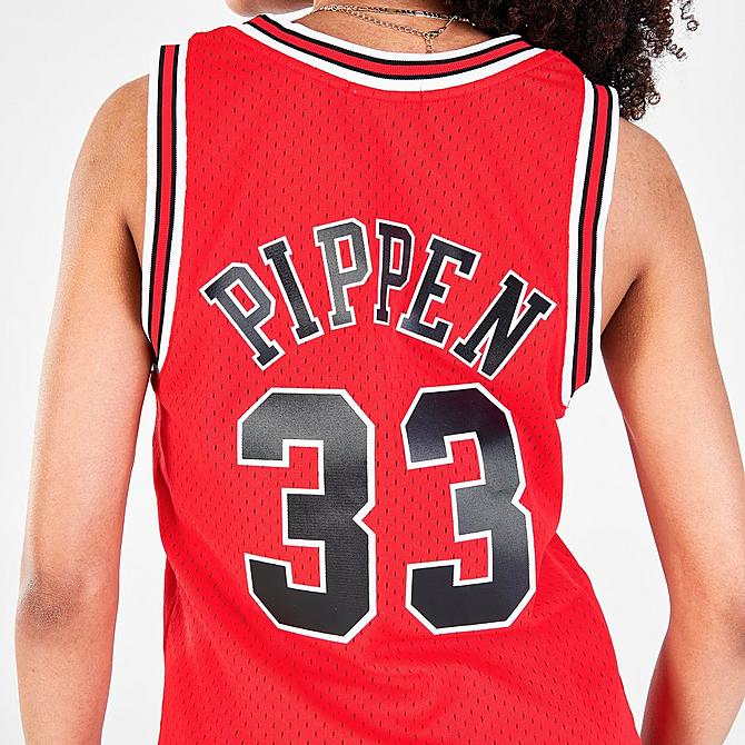 Back Right view of Women's Mitchell & Ness Chicago Bulls NBA Scottie Pippen Hardwood Classics 1997-98 Swingman Jersey in Red Click to zoom