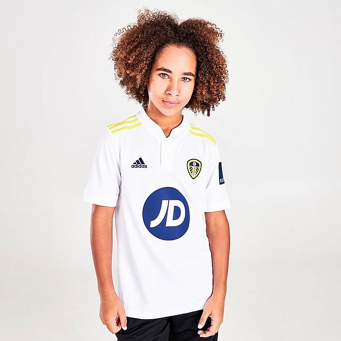 Front view of Kids' adidas Leeds United 21-22 Home Soccer Jersey in White Click to zoom
