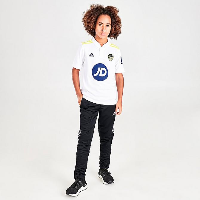 Front Three Quarter view of Kids' adidas Leeds United 21-22 Home Soccer Jersey in White Click to zoom