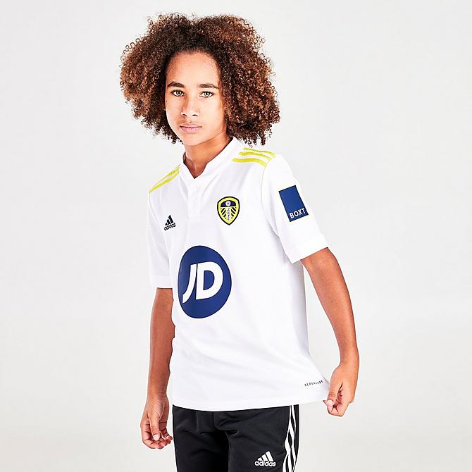 Back Left view of Kids' adidas Leeds United 21-22 Home Soccer Jersey in White Click to zoom