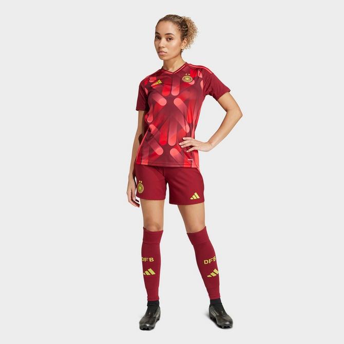 [angle] view of Women's adidas Germany 2025 Away Jersey in Team Collegiate Burgundy Click to zoom