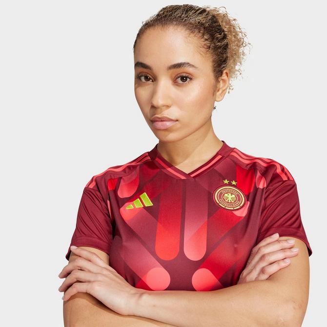 [angle] view of Women's adidas Germany 2025 Away Jersey in Team Collegiate Burgundy Click to zoom