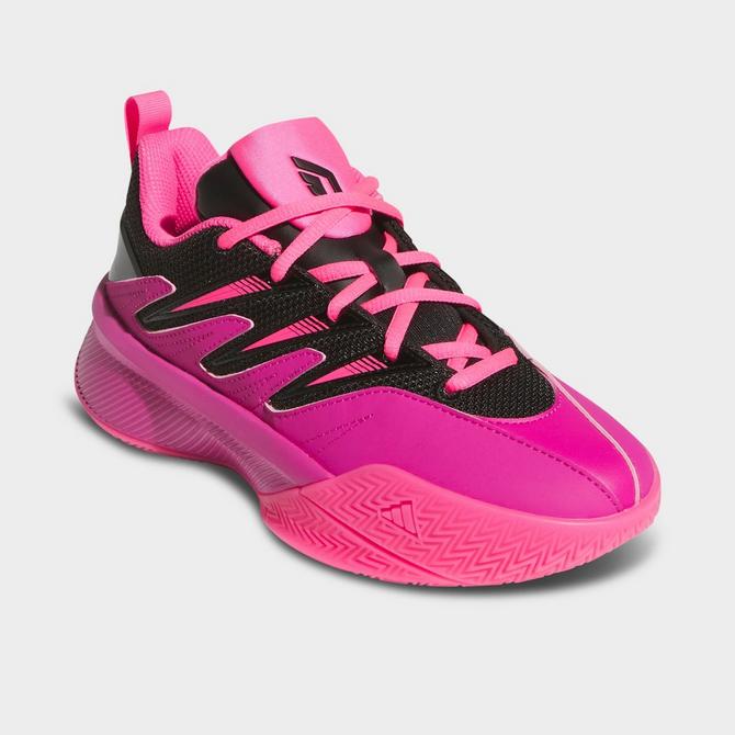 Three Quarter view of Big Kids' adidas Dame Certified 3 Basketball Shoes in Lucid Fuchsia/Black/Lucid Pink Click to zoom