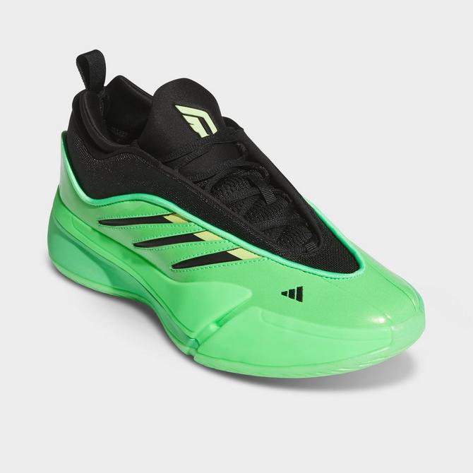 Three Quarter view of adidas Dame 9 Basketball Shoes in Screaming Green/Black/Pulse Lime Click to zoom