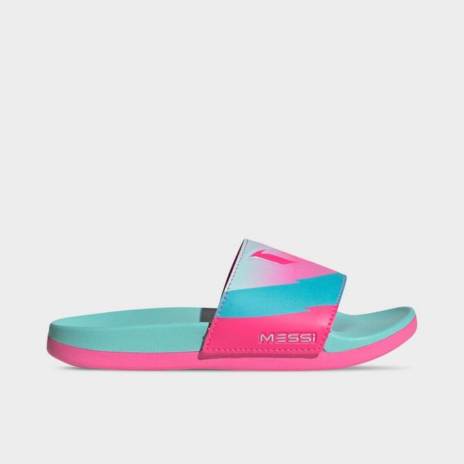 Right view of Kids' adidas adilette x Messi Comfort Slides in White/Black/Silver Metallic Click to zoom