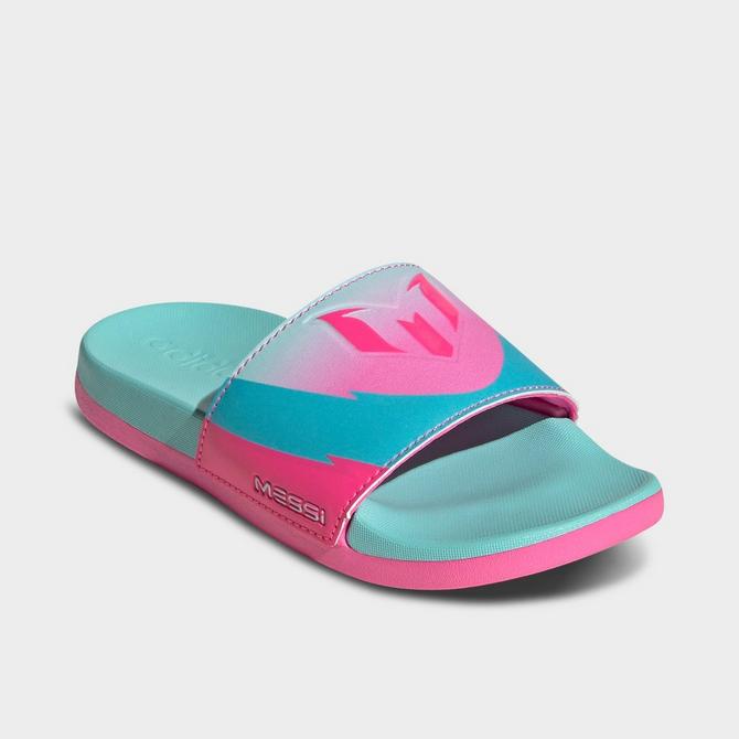 Three Quarter view of Kids' adidas adilette x Messi Comfort Slides in White/Black/Silver Metallic Click to zoom