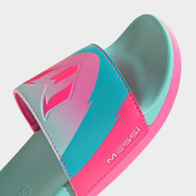 Front view of Kids' adidas adilette x Messi Comfort Slides in White/Black/Silver Metallic Click to zoom