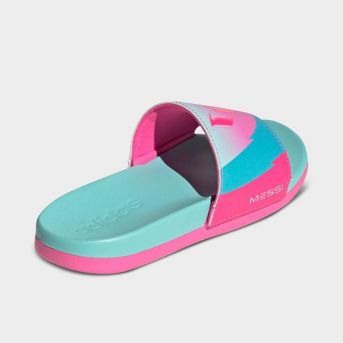 Left view of Kids' adidas adilette x Messi Comfort Slides in White/Black/Silver Metallic Click to zoom