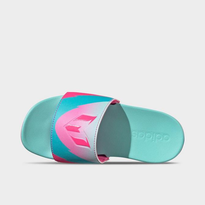 Back view of Kids' adidas adilette x Messi Comfort Slides in White/Black/Silver Metallic Click to zoom