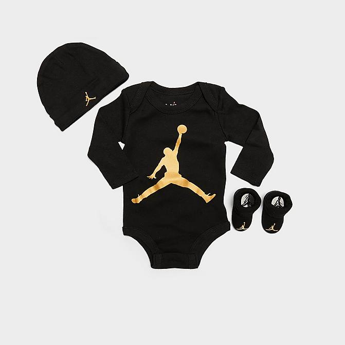 Right view of Infant Jordan Jumpman 3-Piece Hat and Bootie Box Set in Black/Gold Click to zoom