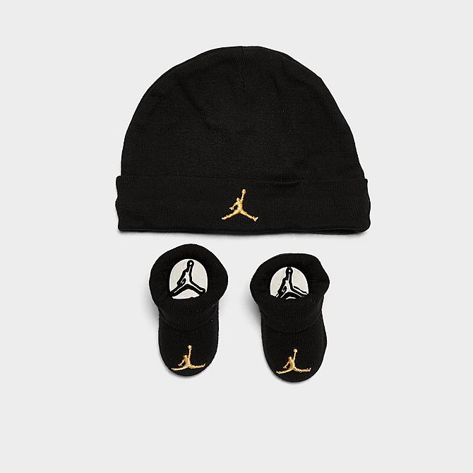 Left view of Infant Jordan Jumpman 3-Piece Hat and Bootie Box Set in Black/Gold Click to zoom