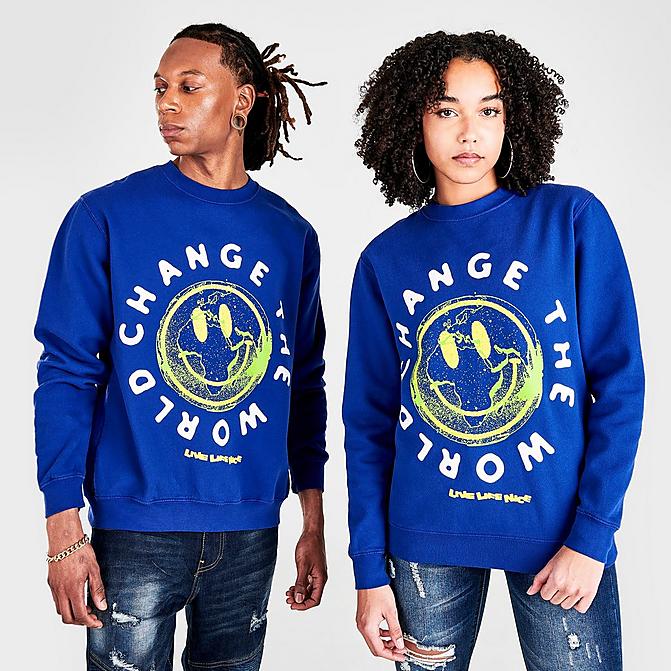 Front view of Live Life Nice Change The World Crewneck Sweatshirt in Blue Click to zoom