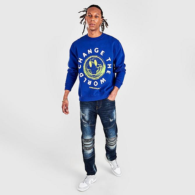Front Three Quarter view of Live Life Nice Change The World Crewneck Sweatshirt in Blue Click to zoom