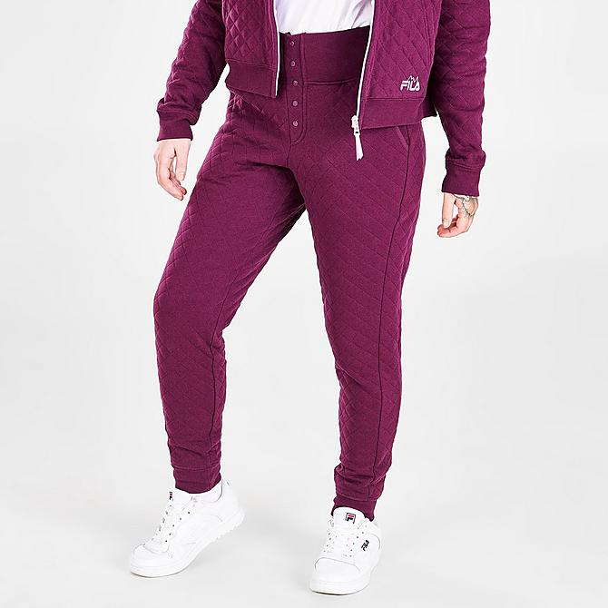 Front Three Quarter view of Women's Fila Finley High-Rise Quilted Jogger Pants in Pickled Beet Click to zoom