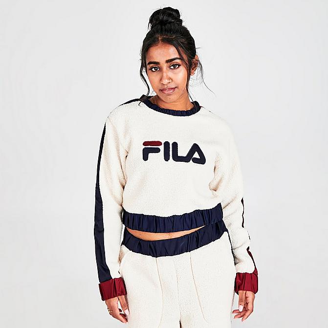 Front view of Women's Fila Logo Fleece Crewneck Sweatshirt in Tofu/Tawny Click to zoom