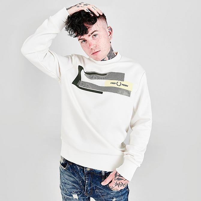 Back Left view of Men's Fred Perry Mixed Graphic Crewneck Sweatshirt in Snow White Click to zoom
