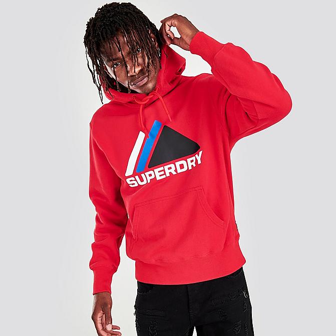 Front view of Men's Superdry Mountain Sport Graphic Hoodie in Risk Red Click to zoom