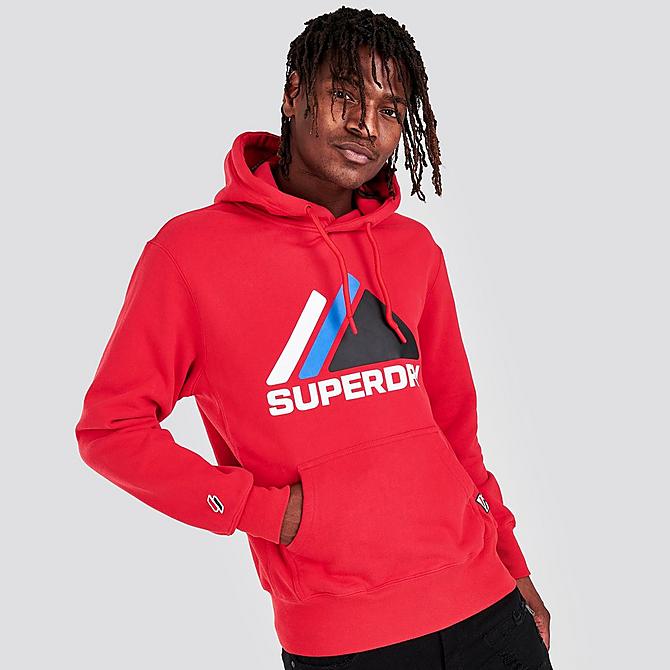 Back Left view of Men's Superdry Mountain Sport Graphic Hoodie in Risk Red Click to zoom