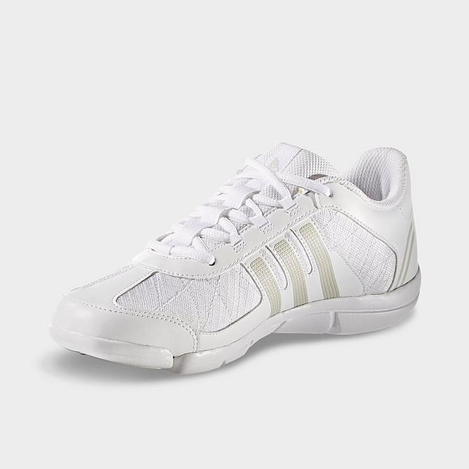 Three Quarter view of Women's adidas Triple Cheer Cheerleading Shoes in Cloud White/Granite/Clear Grey Click to zoom