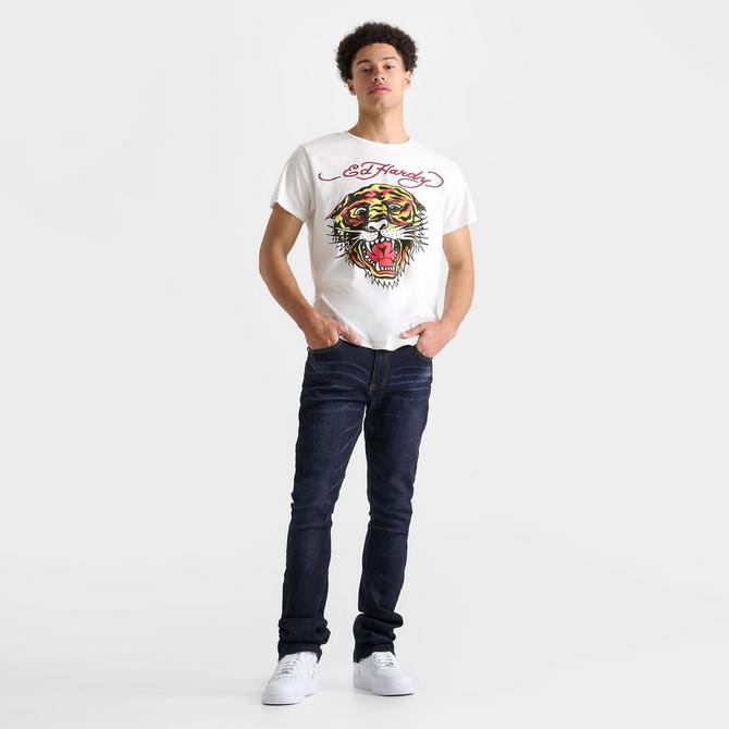 [angle] view of Men's Ed Hardy Tiger Heads Loose Fit Denim Jeans in Navy Blue Click to zoom