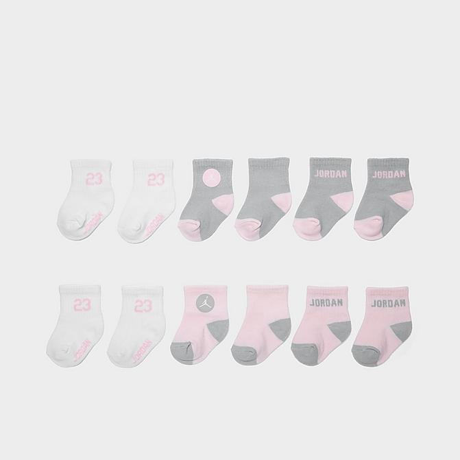 Front view of Infant Jordan 6-Pack Quarter Socks in Pink/Grey/White Click to zoom