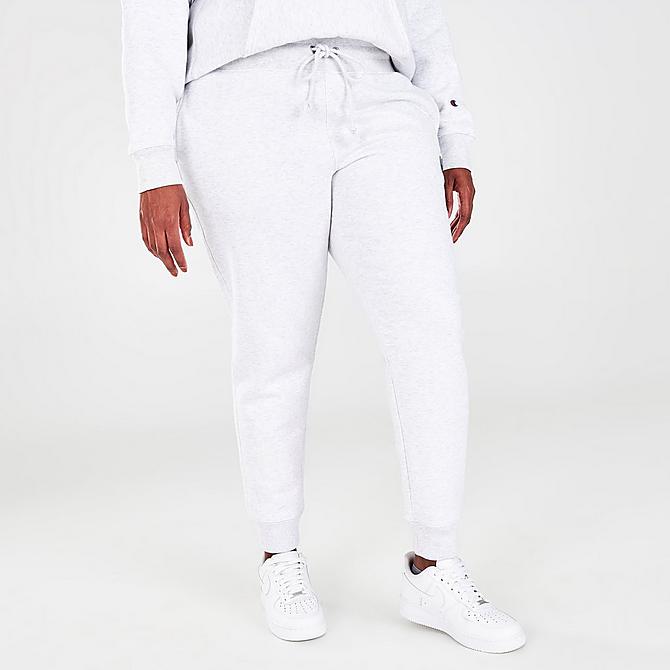 Back Left view of Women's Champion Reverse Weave Fade Logo Jogger Sweatpants (Plus Size) in Grey/Silver Click to zoom