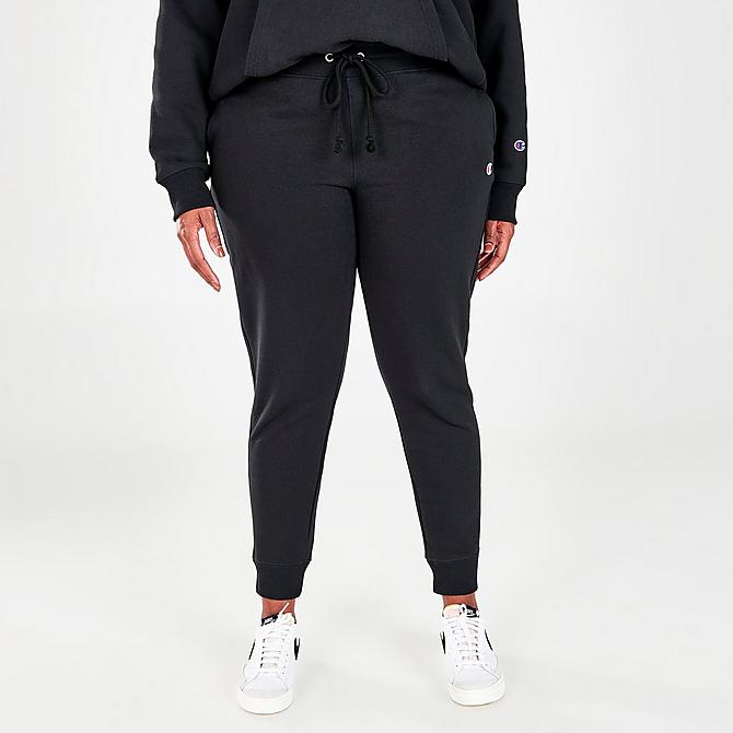 Front Three Quarter view of Women's Champion Reverse Weave Jogger Sweatpants (Plus Size) in Black Click to zoom