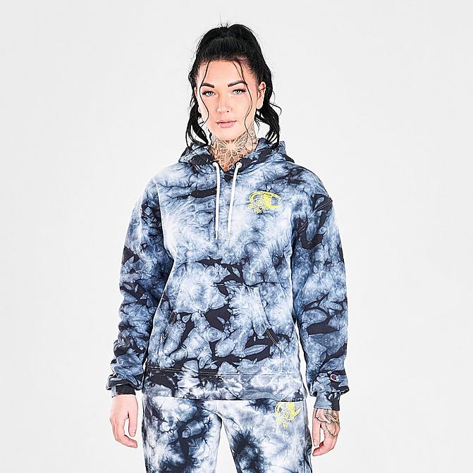 Front view of Women's Champion Tie-Dye Hoodie in Black/White Click to zoom