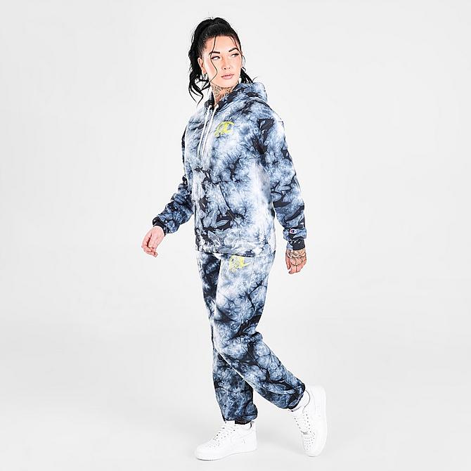 Front Three Quarter view of Women's Champion Tie-Dye Hoodie in Black/White Click to zoom