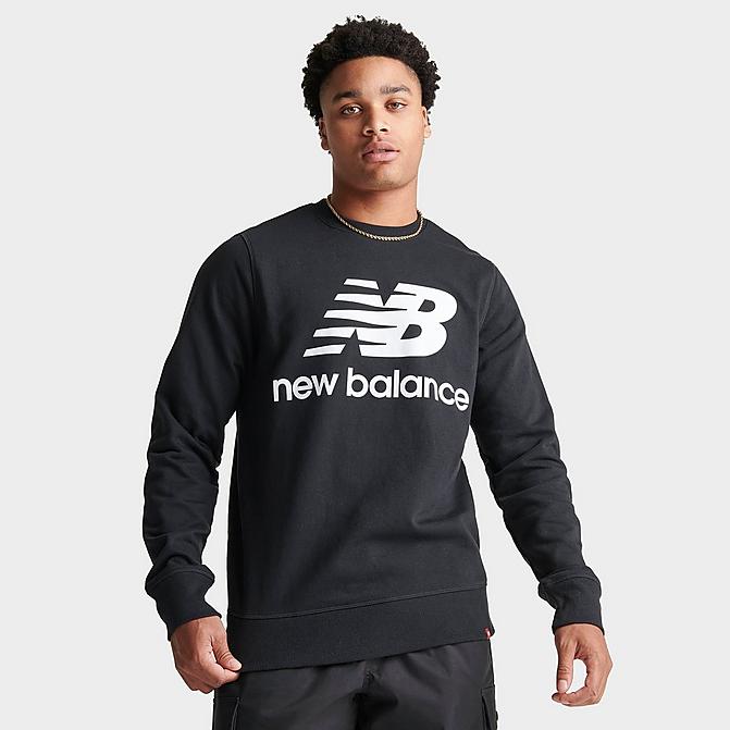 Front view of Men's New Balance Essentials Stacked Logo Crewneck Sweatshirt in Black Click to zoom